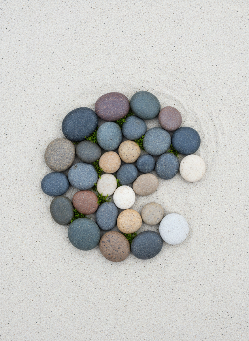 A serene collection of smooth, naturally colored river stones arranged in a gentle spiral on a pale sand surface, each stone subtly different in tone from slate gray to warm beige, representing layers of emotional experience. Tiny sprigs of green moss peek between some stones, adding a sense of life and renewal. Soft overcast daylight from above creates even, diffused illumination with almost no harsh shadows, enhancing the soothing textures. Captured from a top-down, bird’s-eye view with sharp focus throughout, the scene feels balanced, grounded, and meditative. The photographic realism and minimalist composition communicate themes of wholeness, resilience, and the gradual, patient process of mental health healing.