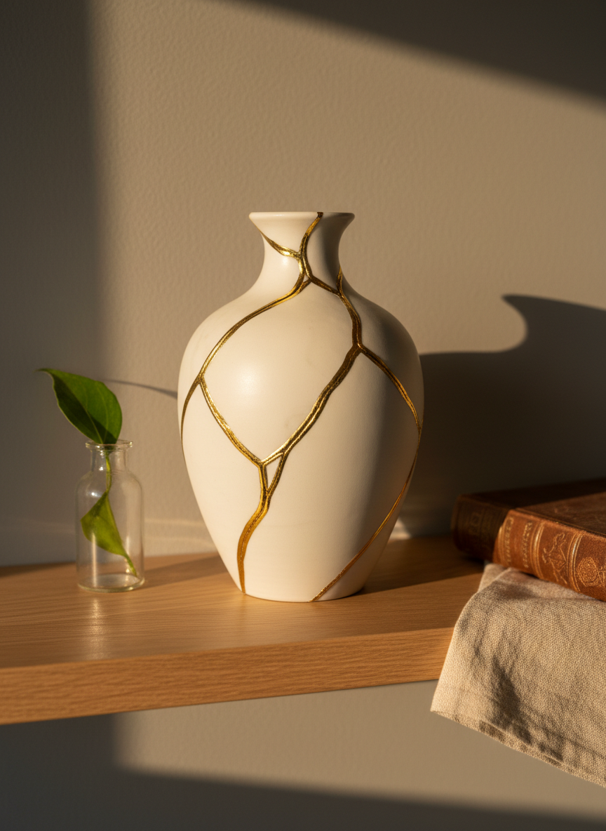 A symbolic broken-yet-mending ceramic vase in matte off-white, carefully repaired with visible gold seams in the style of kintsugi, placed on a light oak shelf against a warm gray wall. Around it, small, simple objects—a single green leaf in a glass bottle, a folded linen cloth, a closed book with a textured cover—suggest quiet reflection and care. Late afternoon sunlight enters from the side, creating a gentle golden glow along the gold lines and soft shadows that stretch across the wall. Photographed at a three-quarter angle with a shallow depth of field in clean photographic realism, the image feels hopeful and tender, emphasizing beauty emerging from brokenness and the healing focus of therapy.