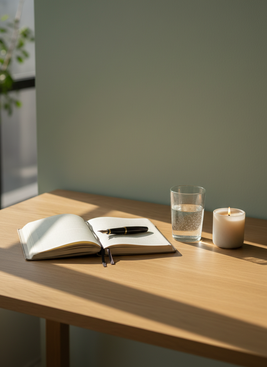 A minimalist wooden writing desk with a smooth, natural finish, centered against a soft sage-green wall, symbolizing reflection and emotional clarity. On the desk rests an open linen-covered journal with a fountain pen laid diagonally across its pages, next to a small glass of water with tiny droplets on the rim. A single candle in a matte ceramic holder glows faintly to the side. Morning light filters in from an unseen window, casting long, delicate shadows and creating a peaceful, contemplative atmosphere. Shot from a slightly elevated angle in clean photographic realism, with gentle bokeh softening the background, the composition suggests the quiet work of healing, introspection, and therapeutic growth without any human presence.