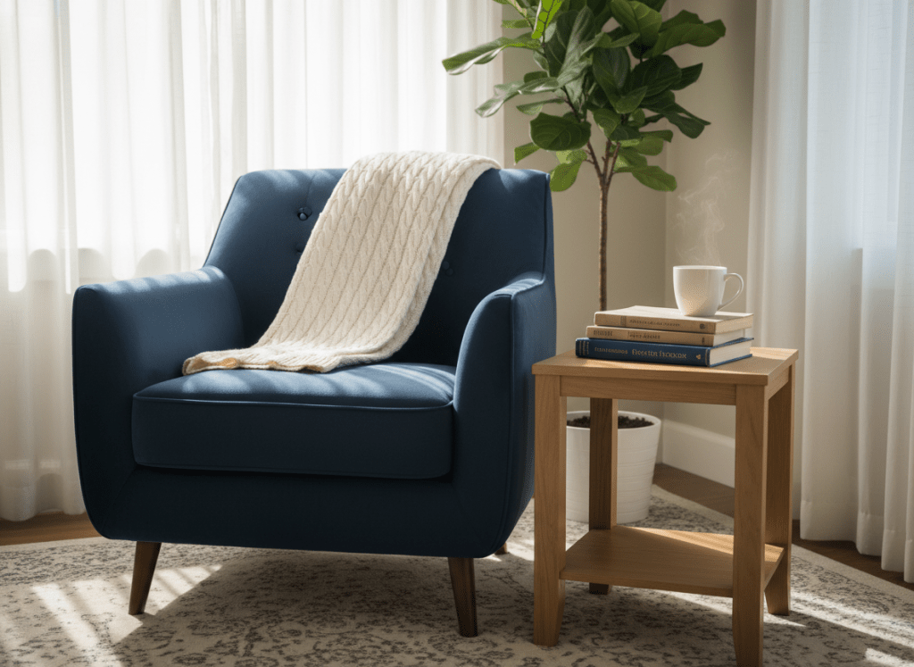 A neatly arranged therapist’s office corner without any people, featuring a plush deep-blue armchair with soft, textured fabric and a folded cream knit throw draped over the arm. Beside it sits a light oak side table holding a small stack of well-worn psychology books and a ceramic mug of herbal tea. A large potted fiddle-leaf fig stands nearby, its leaves catching soft, diffused afternoon sunlight streaming through sheer white curtains. The lighting creates gentle highlights on the wood grain and mild shadows along the rug. Photographed at eye level with a shallow depth of field and photographic realism, the mood is calm, safe, and inviting, emphasizing emotional warmth and professional comfort.